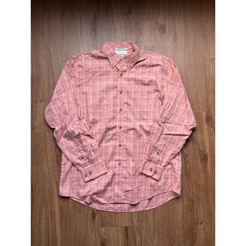 LL Bean Mens Large Traditional Fit Wrinkle Free Shirt Orange Plaid Button Down